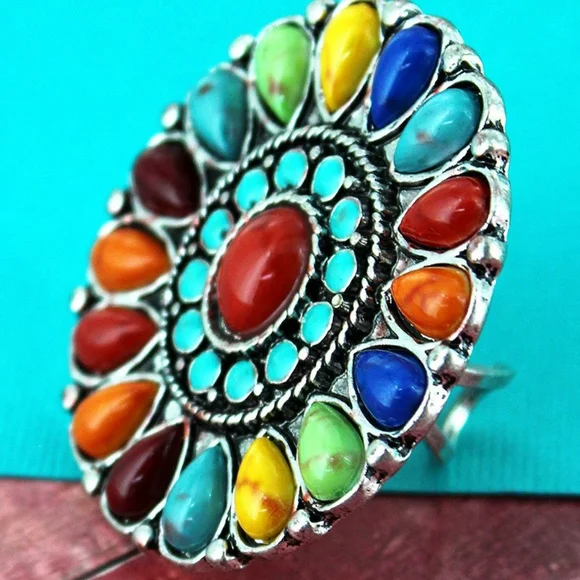 Rainbow Free Spirit Boho Hippie People Native Aztec insp beaded ring - Picture 2 of 8